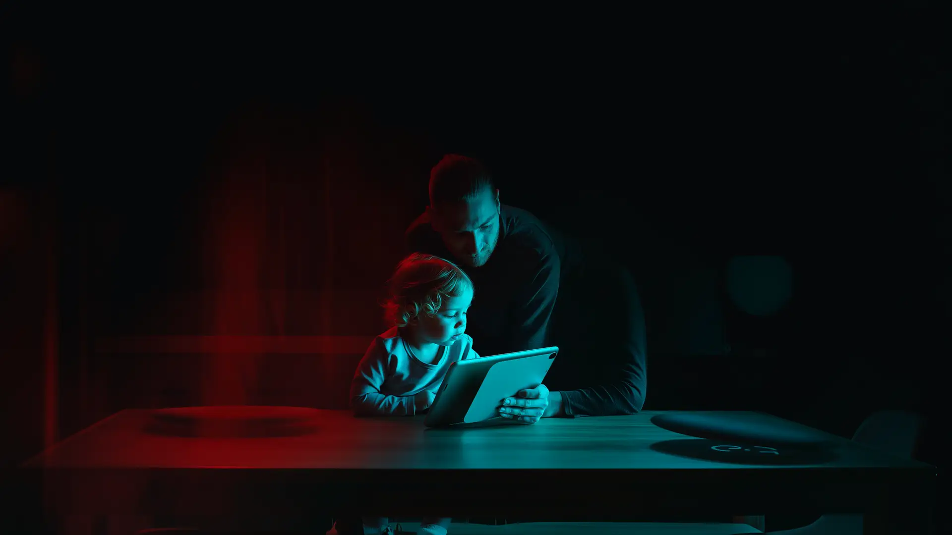 AI e famiglia: genitore e figlio usano insieme un assistente conversazionale nella vita domestica