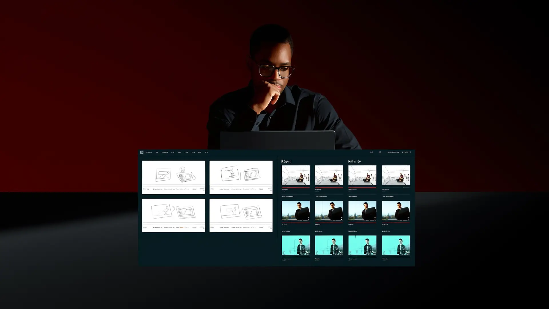 Flusso di produzione video AI su laptop con storyboard e clip generate