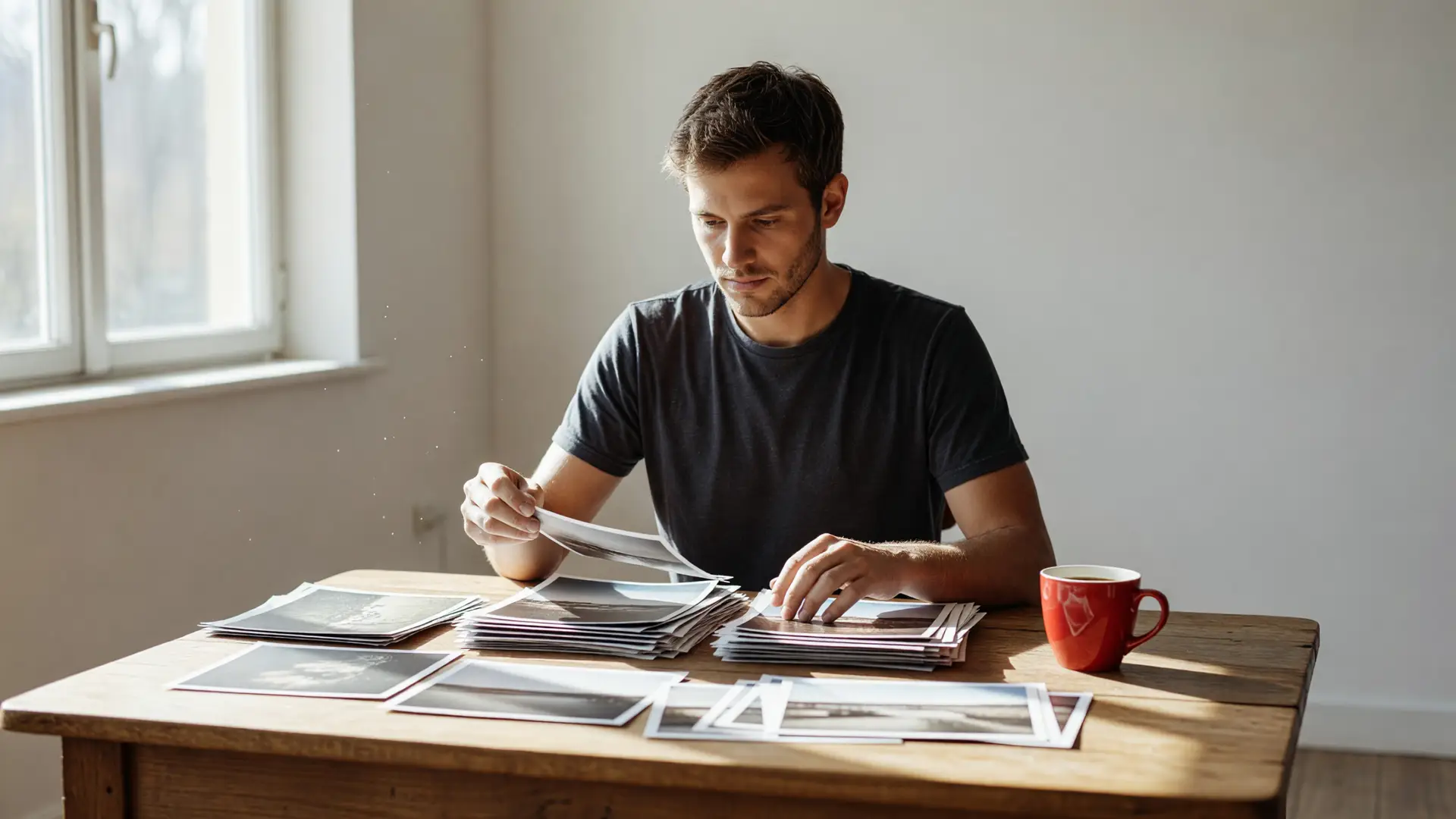 Persona che ordina materiali su un tavolo, metafora della coerenza dei contenuti social costruita con metodo