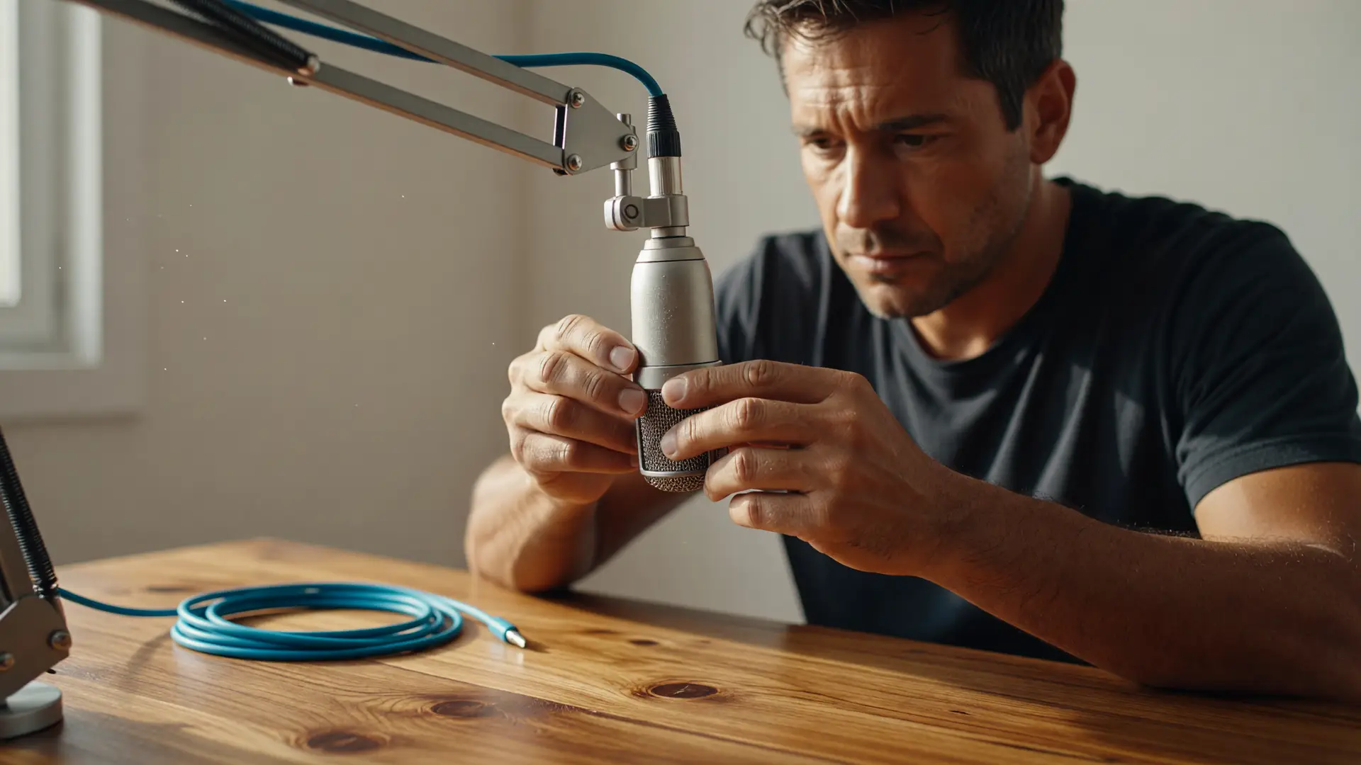 Dietro le quinte video AI: operatore che sistema il microfono e il suono