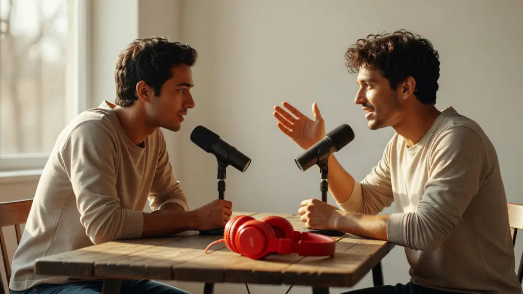 Imprenditrice registra da sola un format podcast due voci in un ufficio luminoso