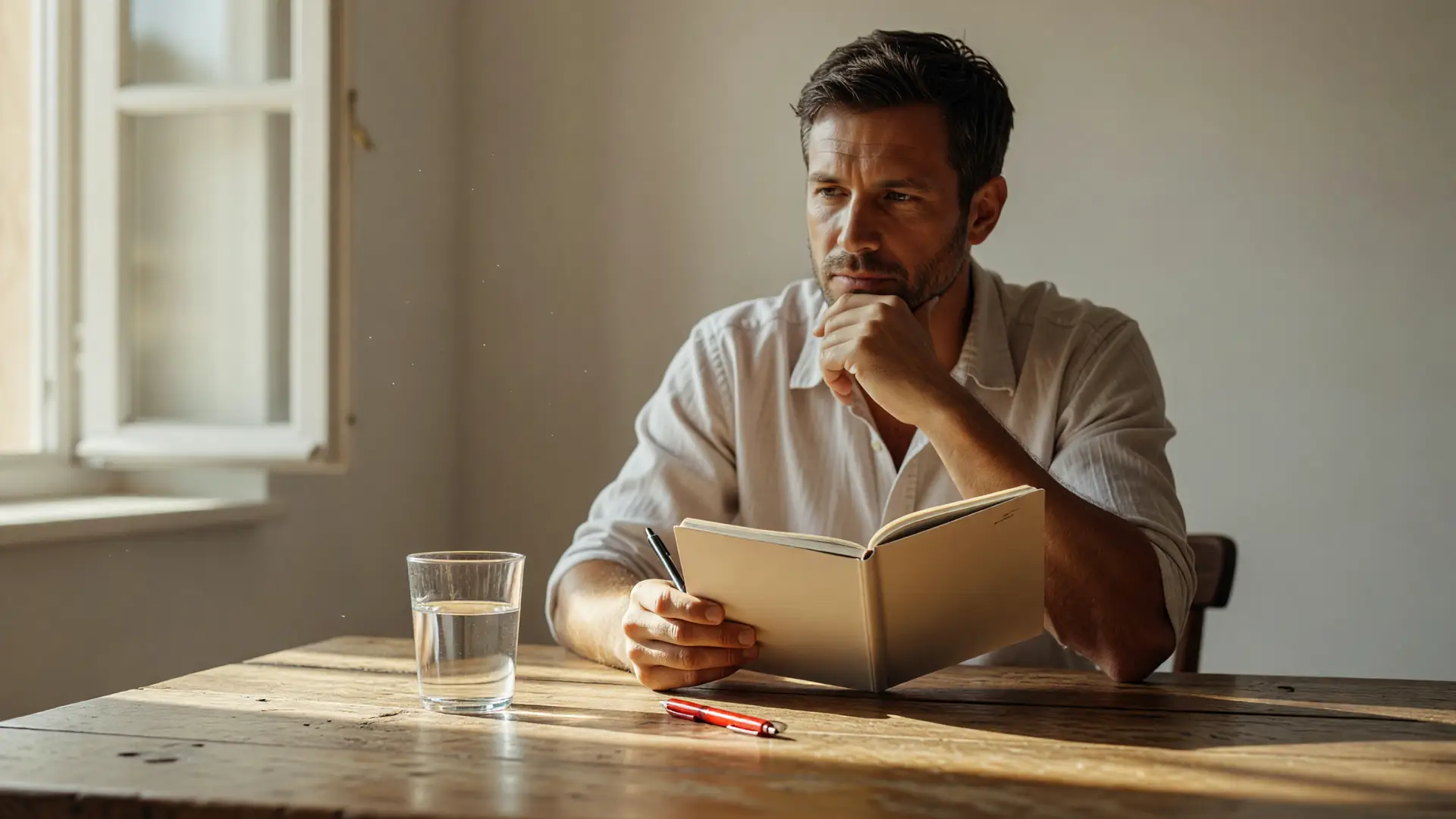 Uomo prepara le scalette prima di registrare podcast in blocco in cucina