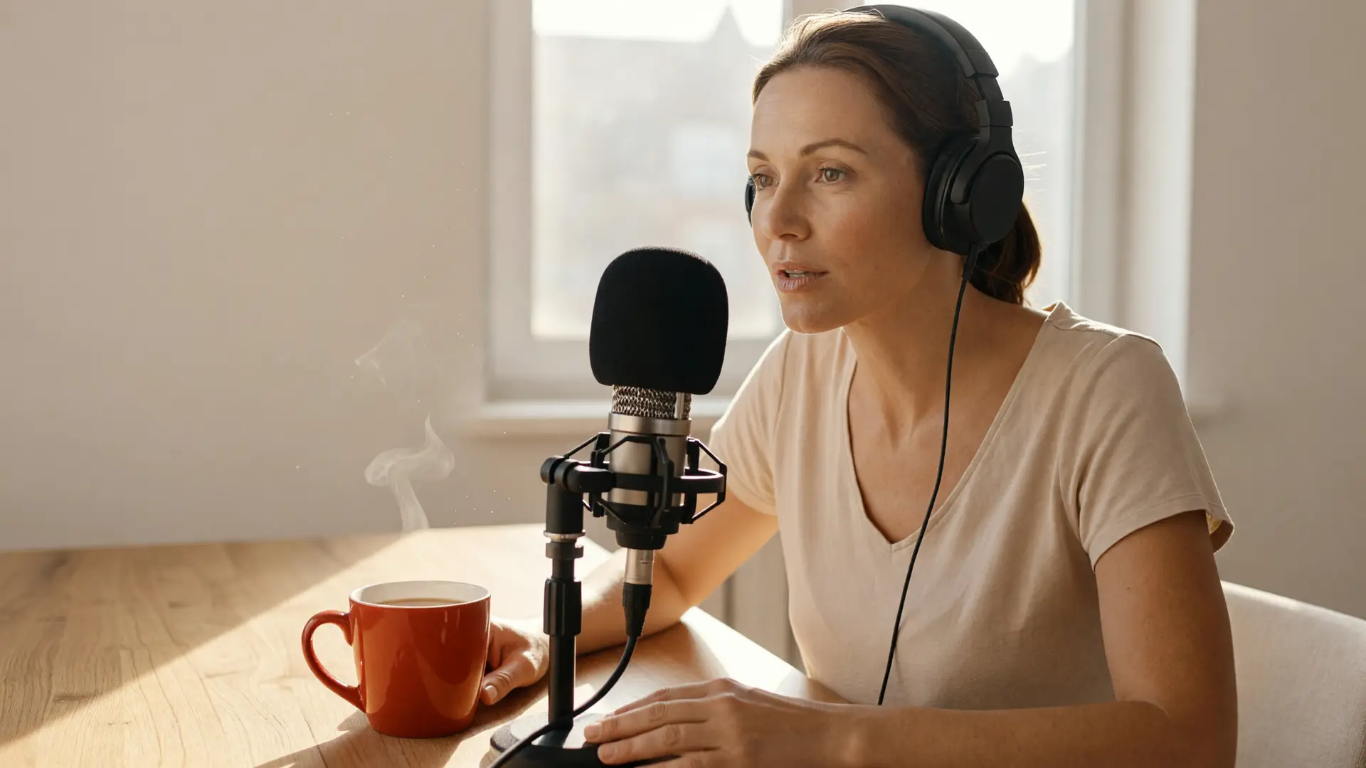 Uomo prepara le scalette prima di registrare podcast in blocco in cucina