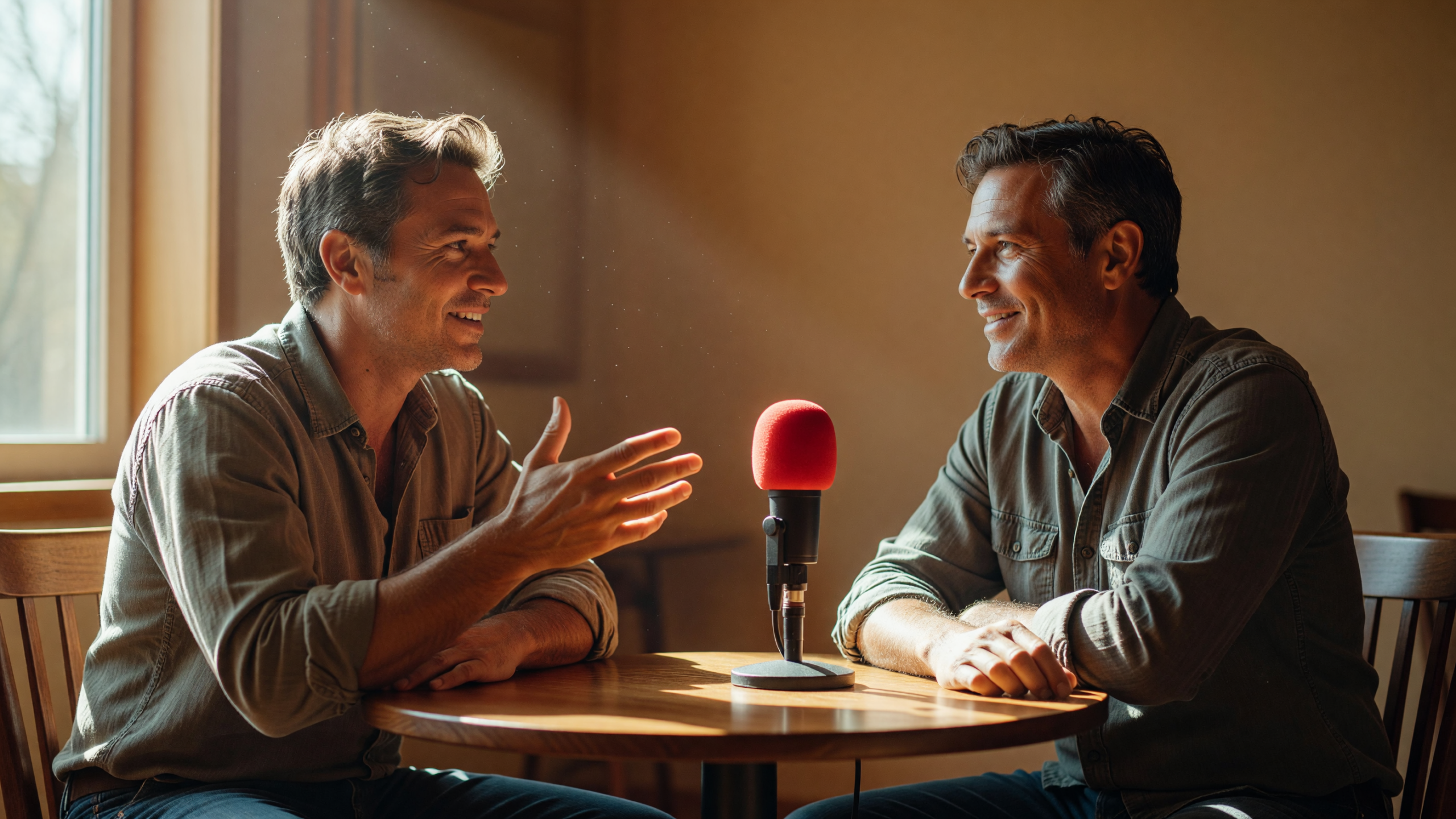 Registrazione di una stagione podcast aziendale in studio con luce naturale