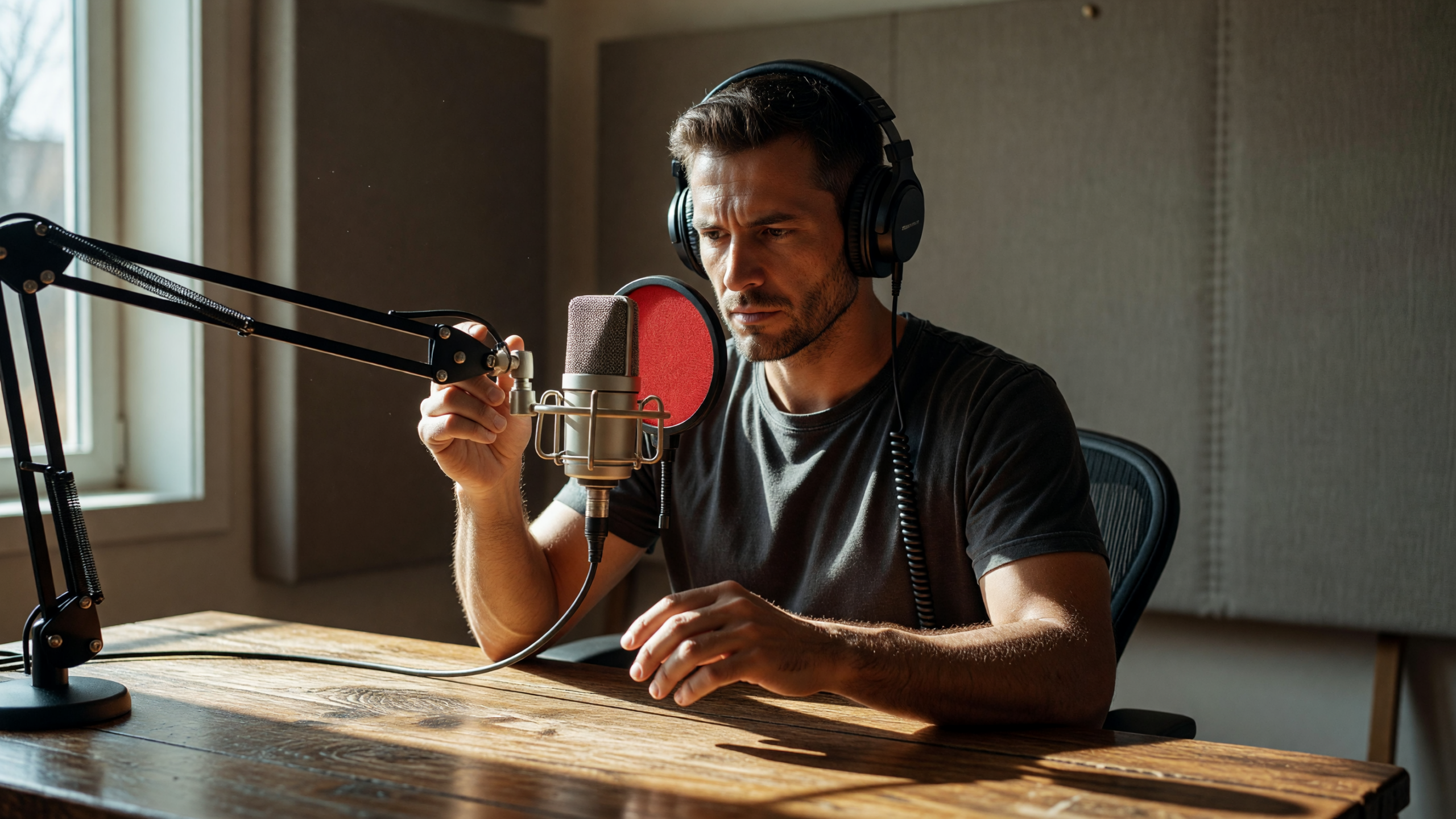Tecnico al lavoro sull'audio di un video AI multilingue export in studio