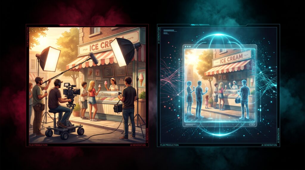Confronto video AI vs troupe su un dettaglio di gelato per uno spot estivo