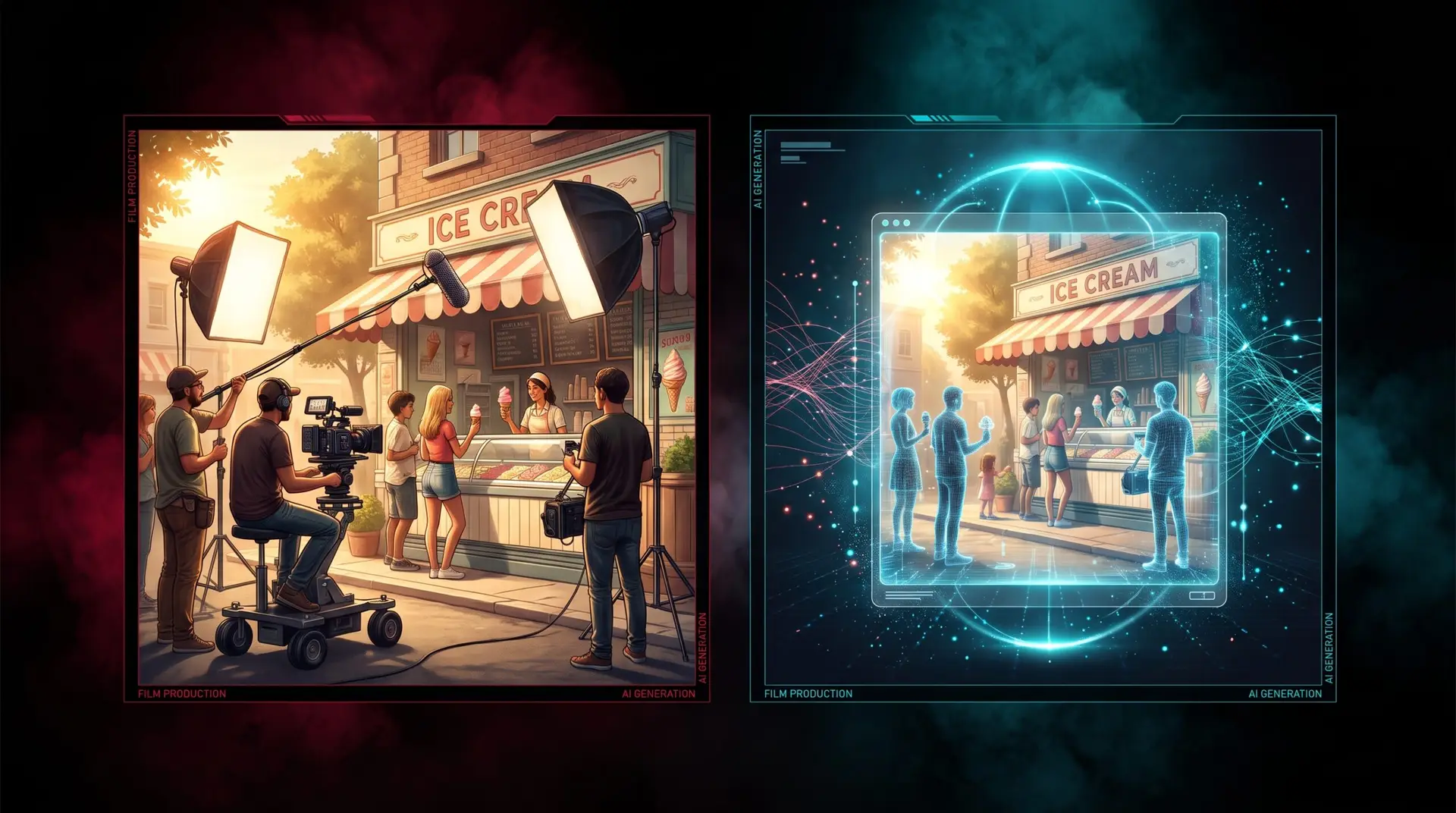 Confronto video AI vs troupe su un dettaglio di gelato per uno spot estivo