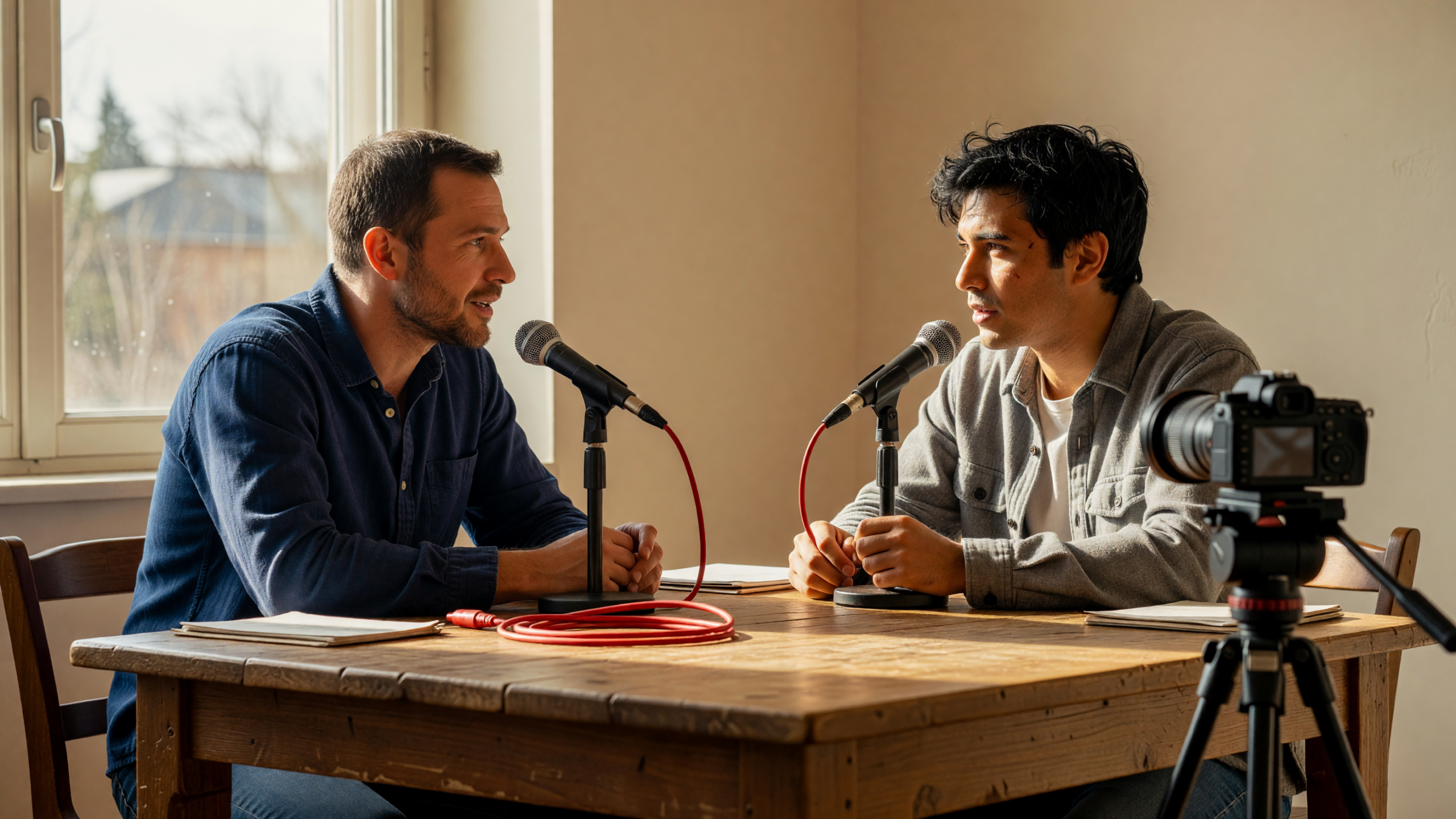 Set con attrezzatura video podcast aziendale per un format a due voci in ufficio illuminato