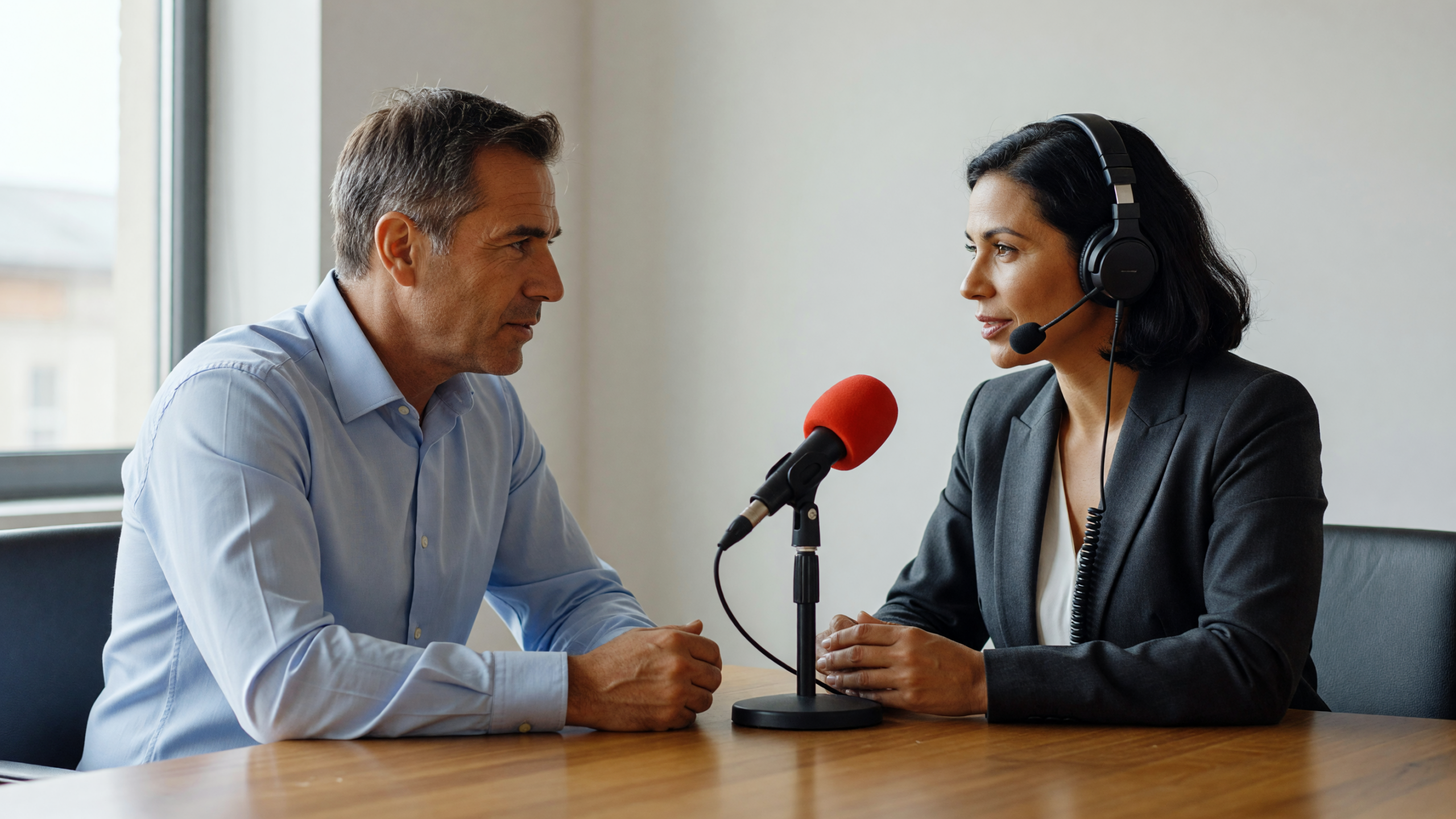 Registrazione di un podcast aziendale B2B in studio con luce naturale