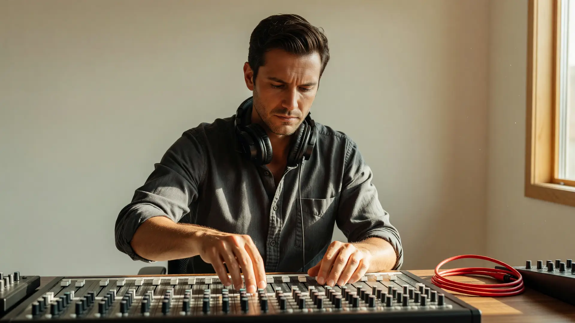 Tecnico mixa la sigla podcast aziendale in uno studio illuminato dalla luce del giorno