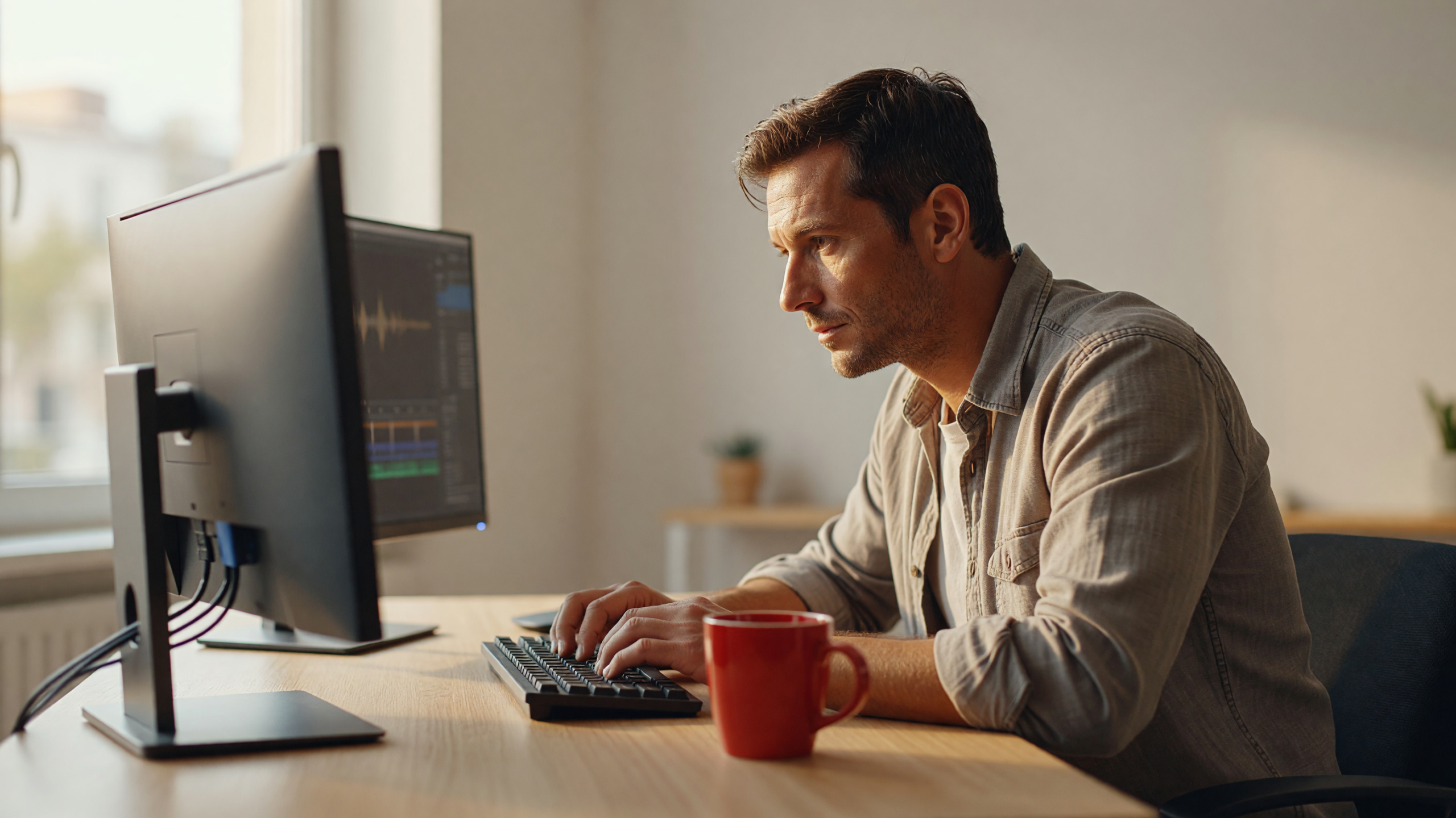 Montatore al lavoro sui sottotitoli video aziendali in uno studio luminoso