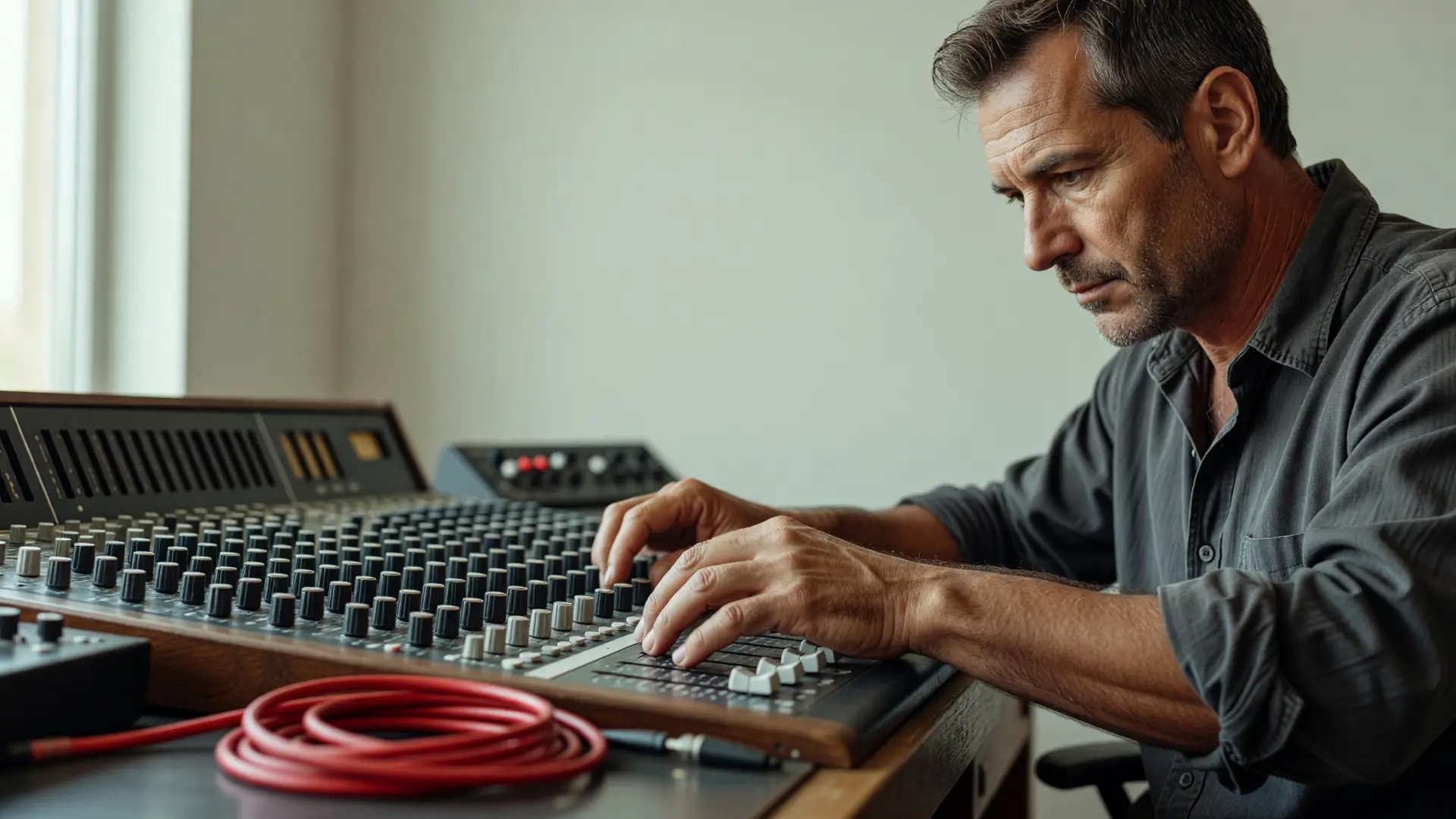 Tecnico al mixer che lavora sul costo video podcast aziendale in post-produzione