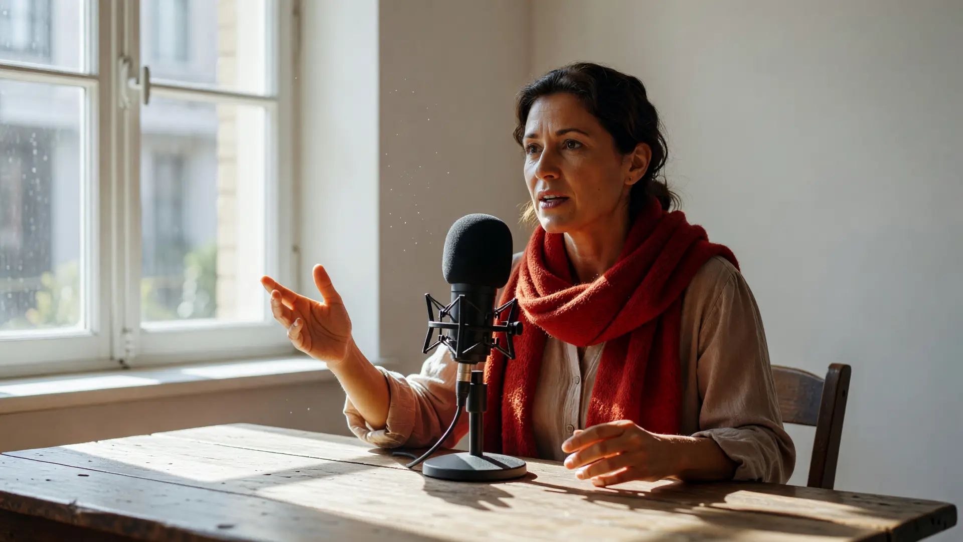 Conduttore registra un podcast aziendale senza ospiti con una sola voce al microfono