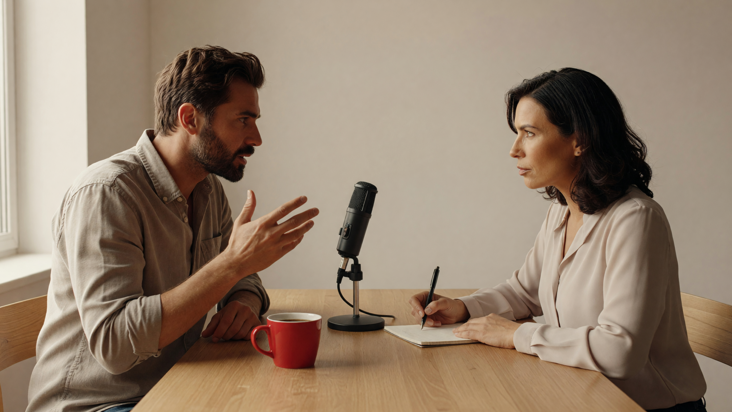 Due persone preparano la scaletta puntata podcast aziendale a un tavolo prima di registrare