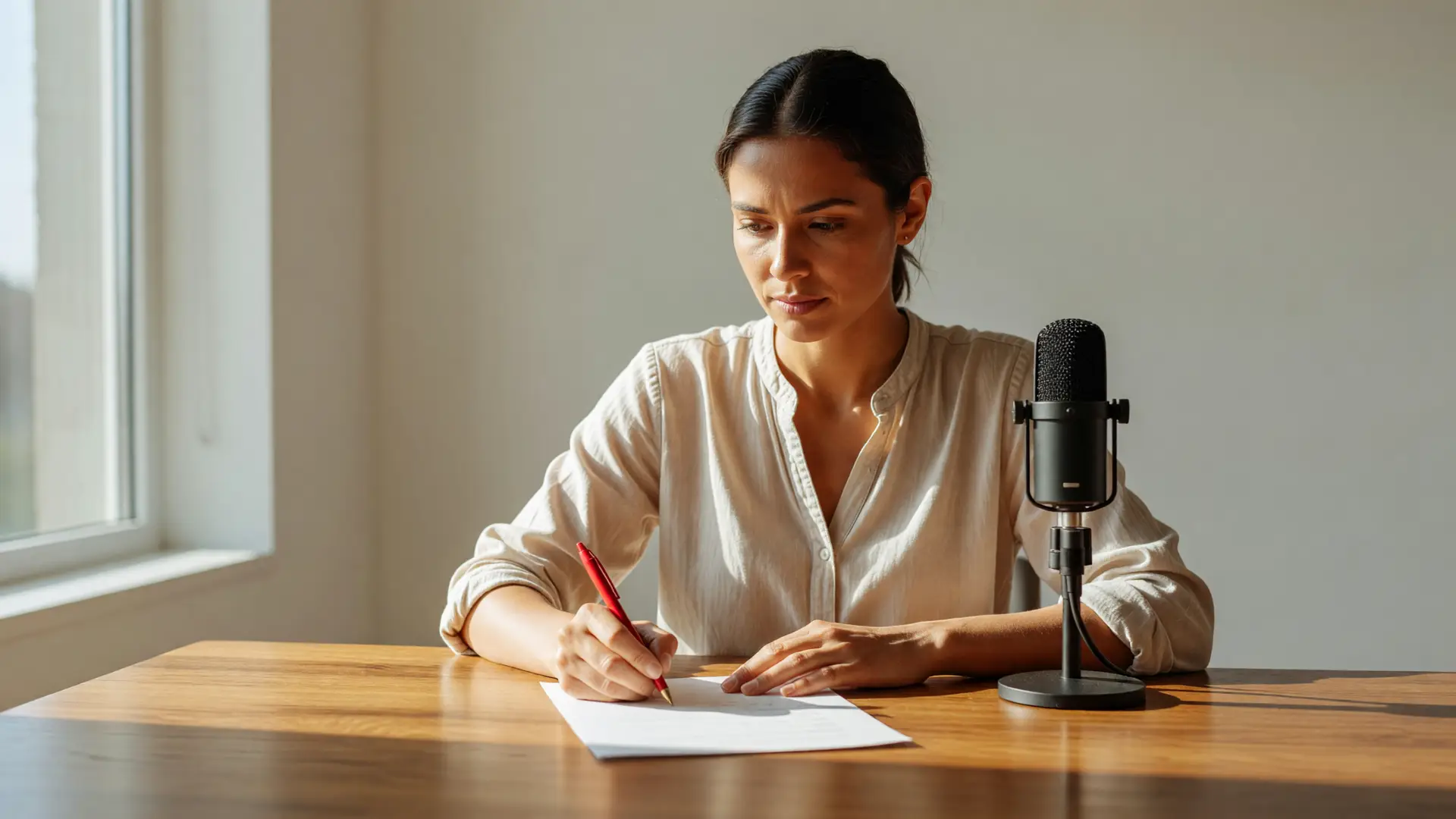 Due persone preparano la scaletta puntata podcast aziendale a un tavolo prima di registrare