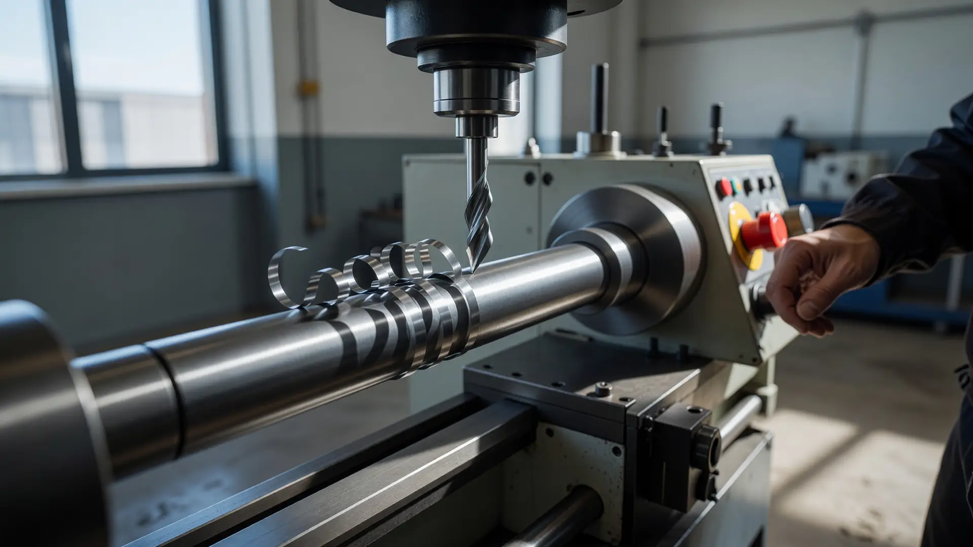 Dettaglio di lavorazione al tornio per video aziende meccaniche in officina illuminata