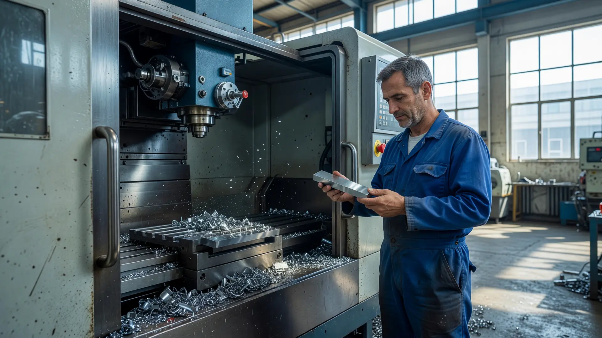 Dettaglio di lavorazione al tornio per video aziende meccaniche in officina illuminata
