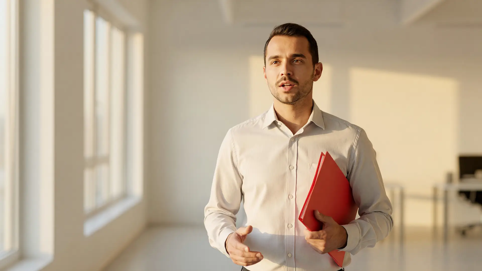 Professionista che registra un video welcome nuovi clienti in un ufficio luminoso